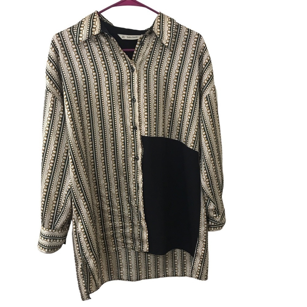 *New* Zara chain link print and color block button down satin tunic top S